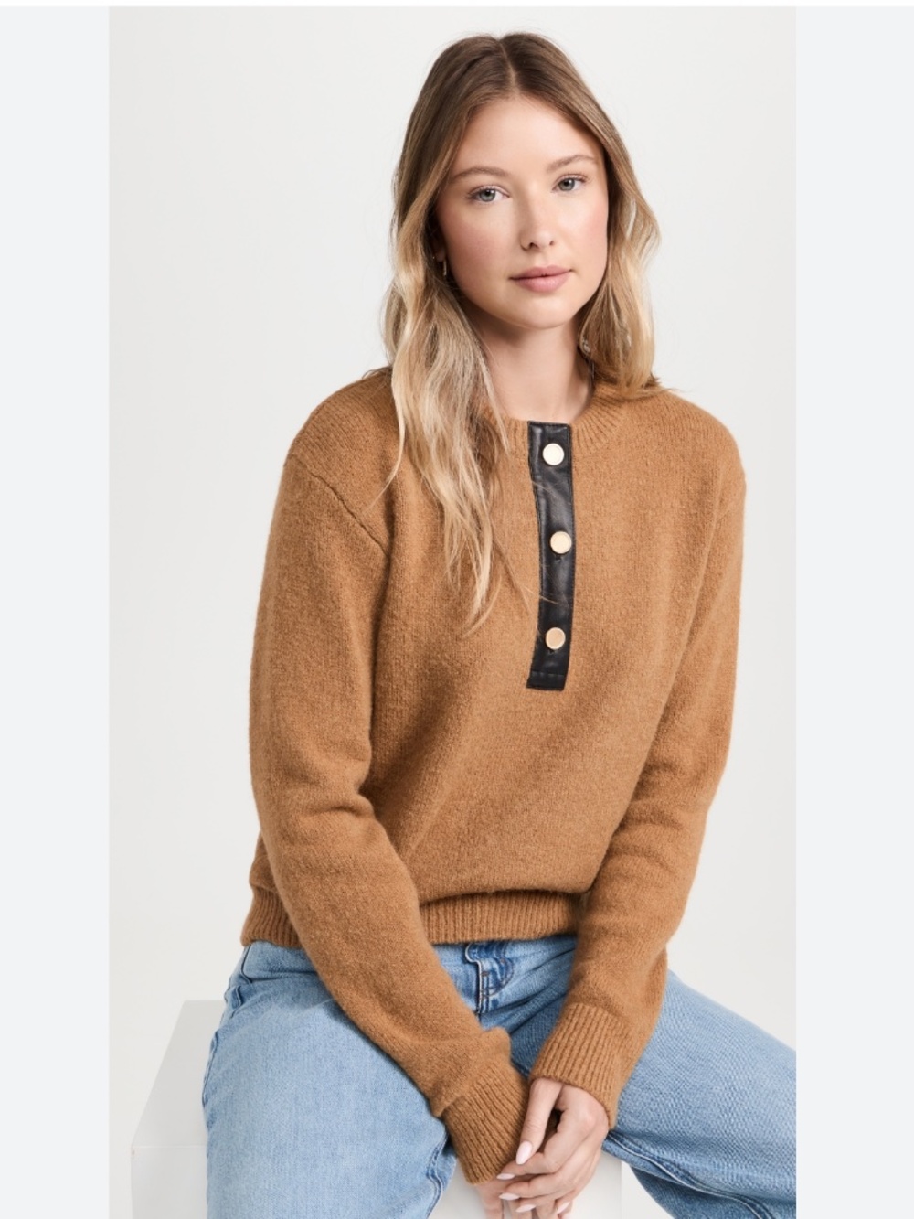 Frame Leather Trim Half Button Alpaca Blend Sweater S